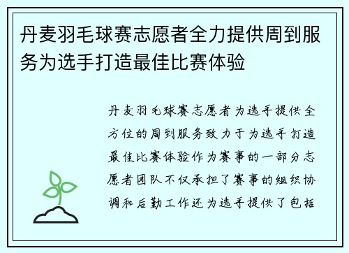 丹麦羽毛球赛志愿者全力提供周到服务为选手打造最佳比赛体验
