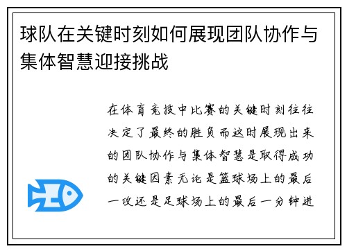 球队在关键时刻如何展现团队协作与集体智慧迎接挑战