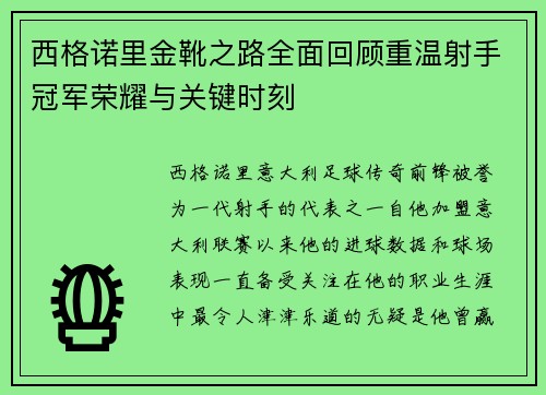 西格诺里金靴之路全面回顾重温射手冠军荣耀与关键时刻